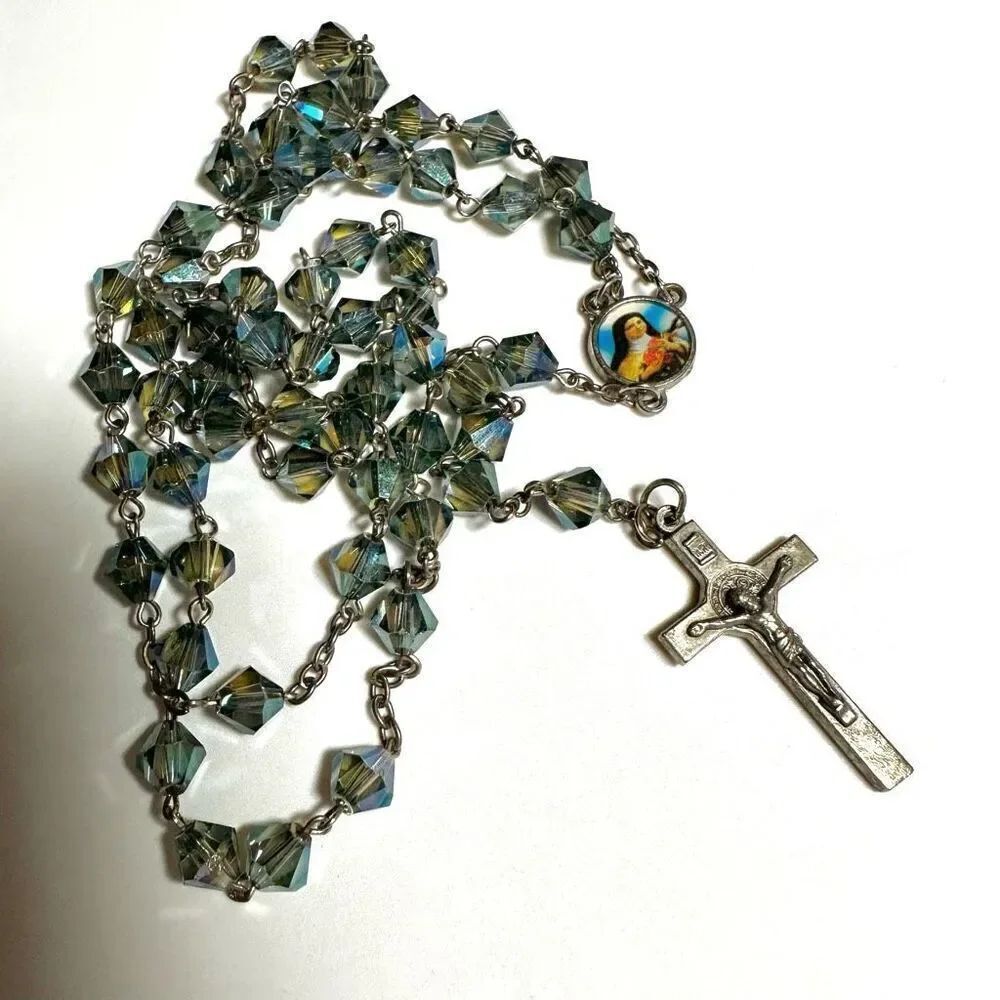 Blue  iridescent beaded cross rosary